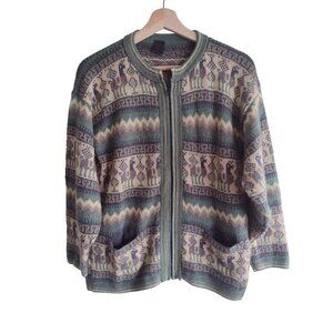 Peruvian Alpaca Wool Sweater M Green Beige Llama Pattern Soft Zip Front
